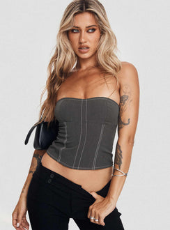 side view of model wearing Princess Polly Vacke Strapless Top Grey Sleeveless Sweetheart 