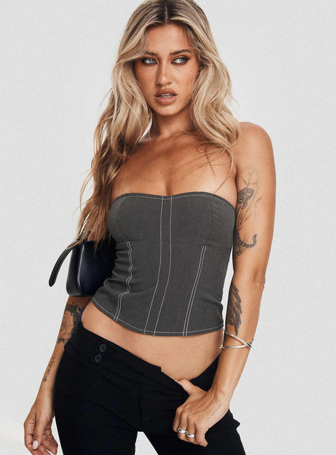 side view of model wearing Princess Polly Vacke Strapless Top Grey Sleeveless Sweetheart 