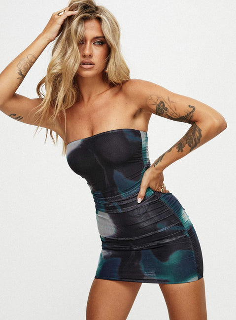 front view of model wearing Princess Polly Micah Mini Dress Navy Multi Straight Neck 