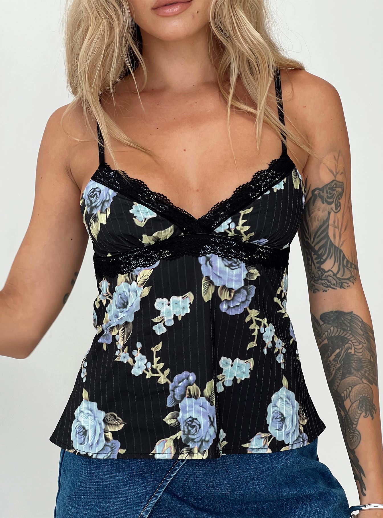 front view of model wearing Princess Polly Thexton Top Black Sleeveless V-Neck 