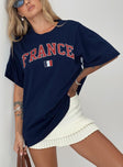 front view of model wearing Princess Polly Goal France Oversized Tee Blue Half Sleeves Crew Neck 