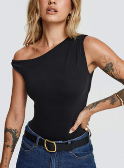 front view of model wearing Princess Polly Miyako Bodysuit Black Tall Sleeveless 