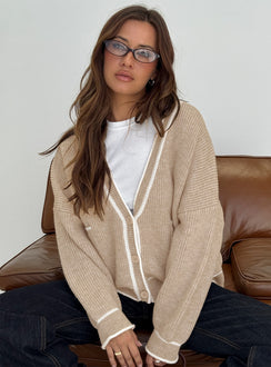 side view of model wearing Princess Polly Cressara Contrast Knit Cardigan Beige / White Cropped Jumpers 