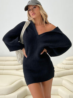front view of model wearing Princess Polly Thorelle Sweater Mini Dress Black V-Neck 