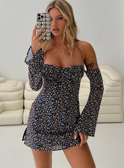 front view of model wearing Princess Polly Acer Long Sleeve Mini Dress Black / Floral Square Neck 