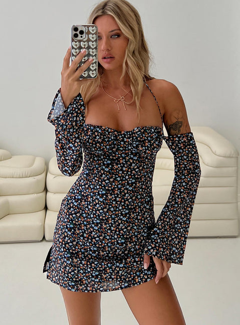 front view of model wearing Princess Polly Acer Long Sleeve Mini Dress Black / Floral Square Neck 