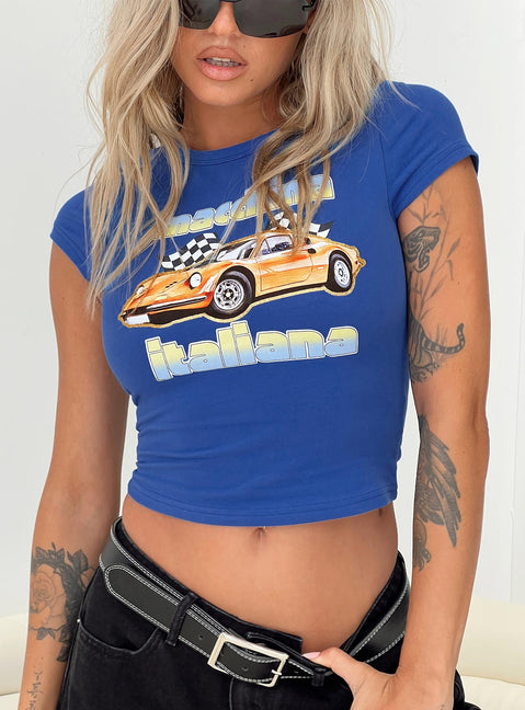 back view of model wearing Princess Polly Machina Tee Blue Short Sleeves Crew Neck 