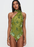 front view of model wearing Princess Polly Frostbloom Scarf Neck Bodysuit Green Sleeveless Asymmetric Neckline 