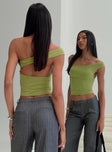 back view of model wearing Princess Polly Irina Multi-wear Top Green Sleeveless Asymmetric Neckline 