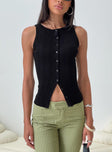 front view of model wearing Princess Polly Oregano Top Black Sleeveless Crew Neck 