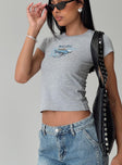 side view of model wearing Princess Polly Malibu 78 Top Grey Short Sleeves Crew Neck 