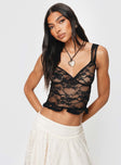 Sheer lace top Fixed shoulder straps,v-neckline, frill hem, twin tie at back