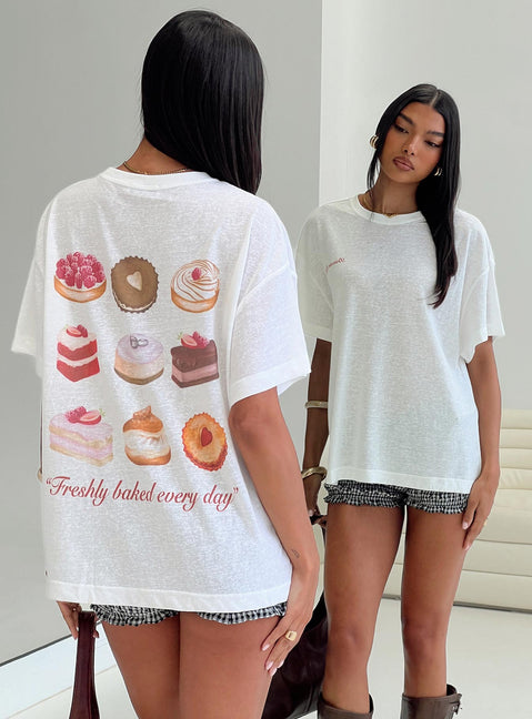 back view of model wearing Princess Polly Bakery Caked Oversized Tee Cream Half Sleeves Crew Neck 