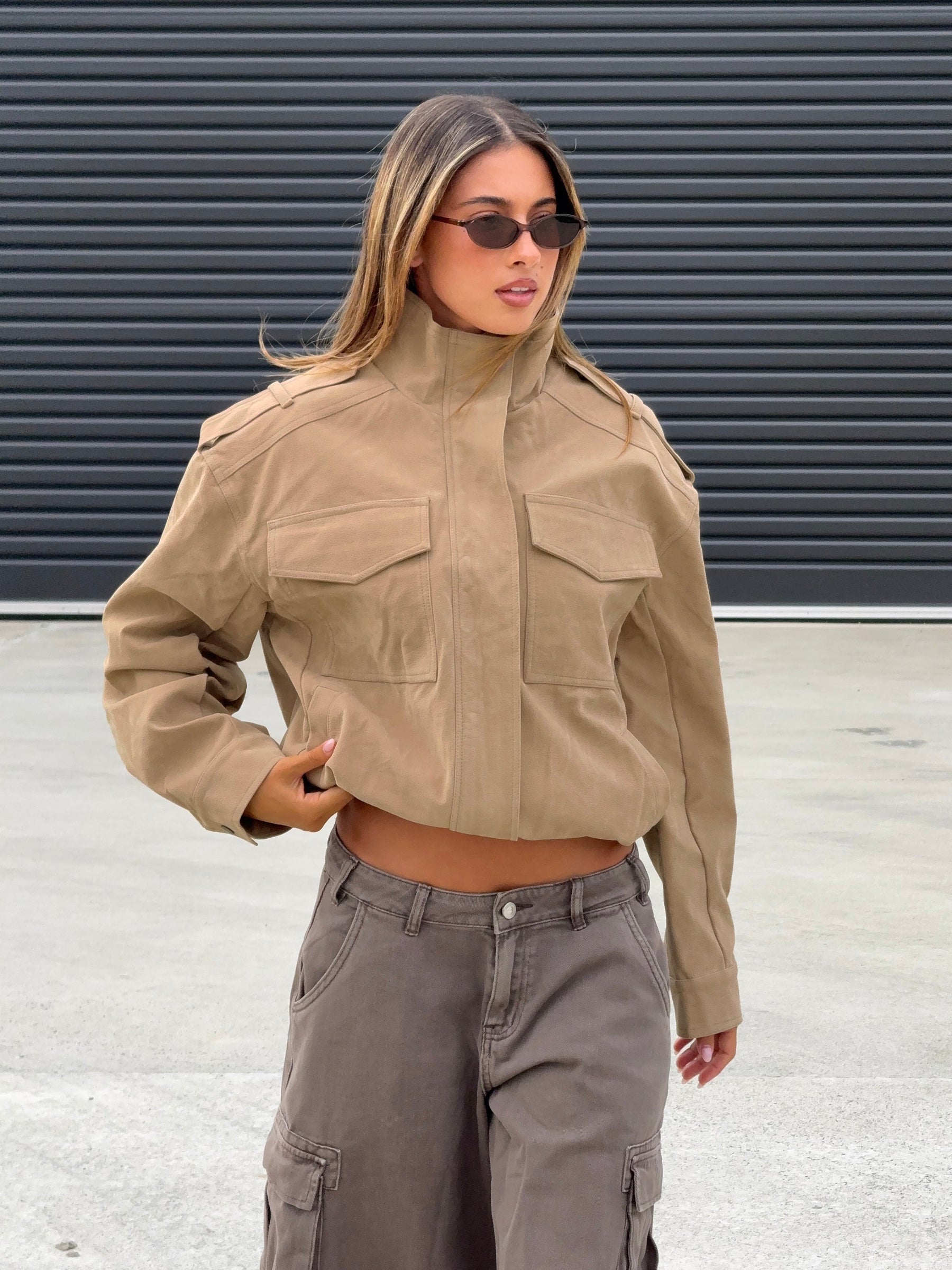 Double Life Funnel Neck Cargo Jacket Beige