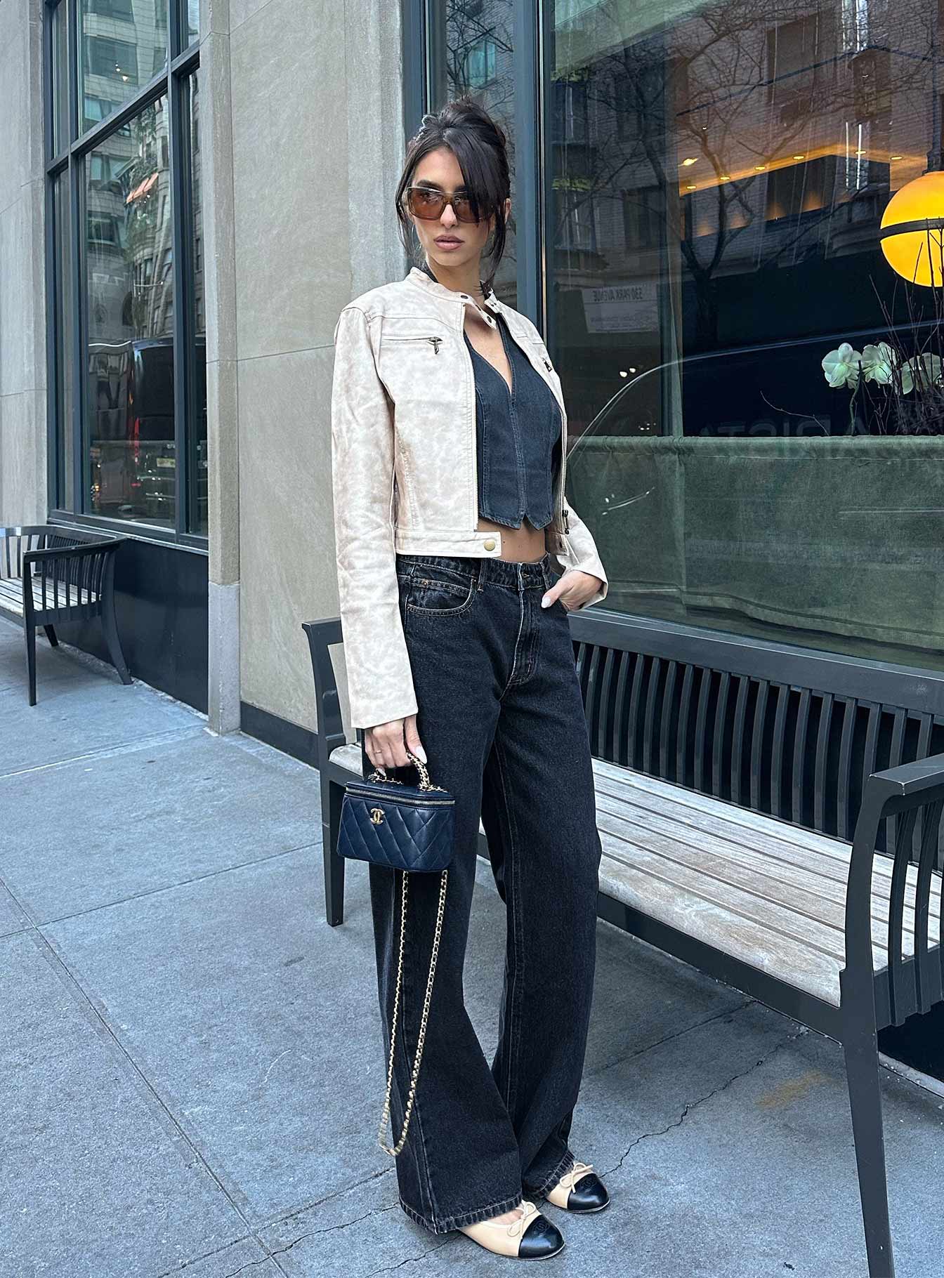 side view of model wearing Princess Polly Top Model Jeans Charcoal High Waisted 