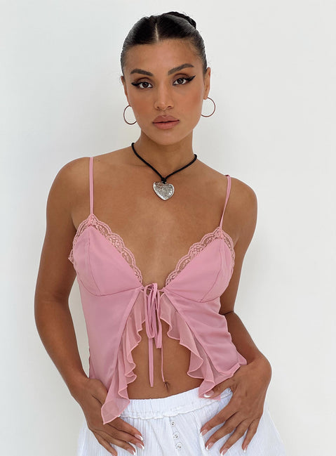 Front view of model wearing  front Princess Polly Sleeveless Sweetheart  Janney Top Pink