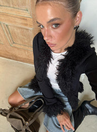 Showcasing the Brynlie Faux Fur Trim Boxy Cardigan in Black womens-jumpers with short length front view of model wearing Princess Polly