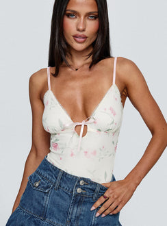 front view of model wearing Princess Polly Final Fantasy Bodysuit Multi Floral Sleeveless 