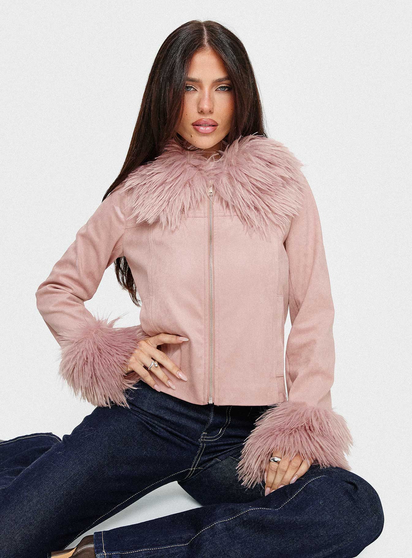 Jeanna Suede Faux Fur Detail Jacket Pink