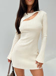 front view of model wearing Princess Polly Cookson Mini Dress Cream Boat Neck 