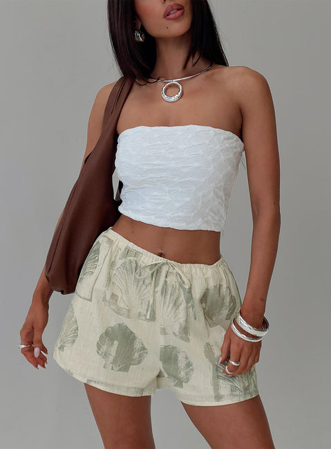 front view of model wearing Princess Polly Heylee Shorts Beige / Green High Waisted Shorts 