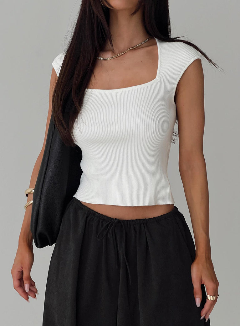 front view of model wearing Princess Polly Merris Knit Top White Short Sleeves Square Neck 