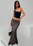   side view of model wearing Princess Polly Lourenzia Lace Maxi Skirt Black / Nude Maxi 