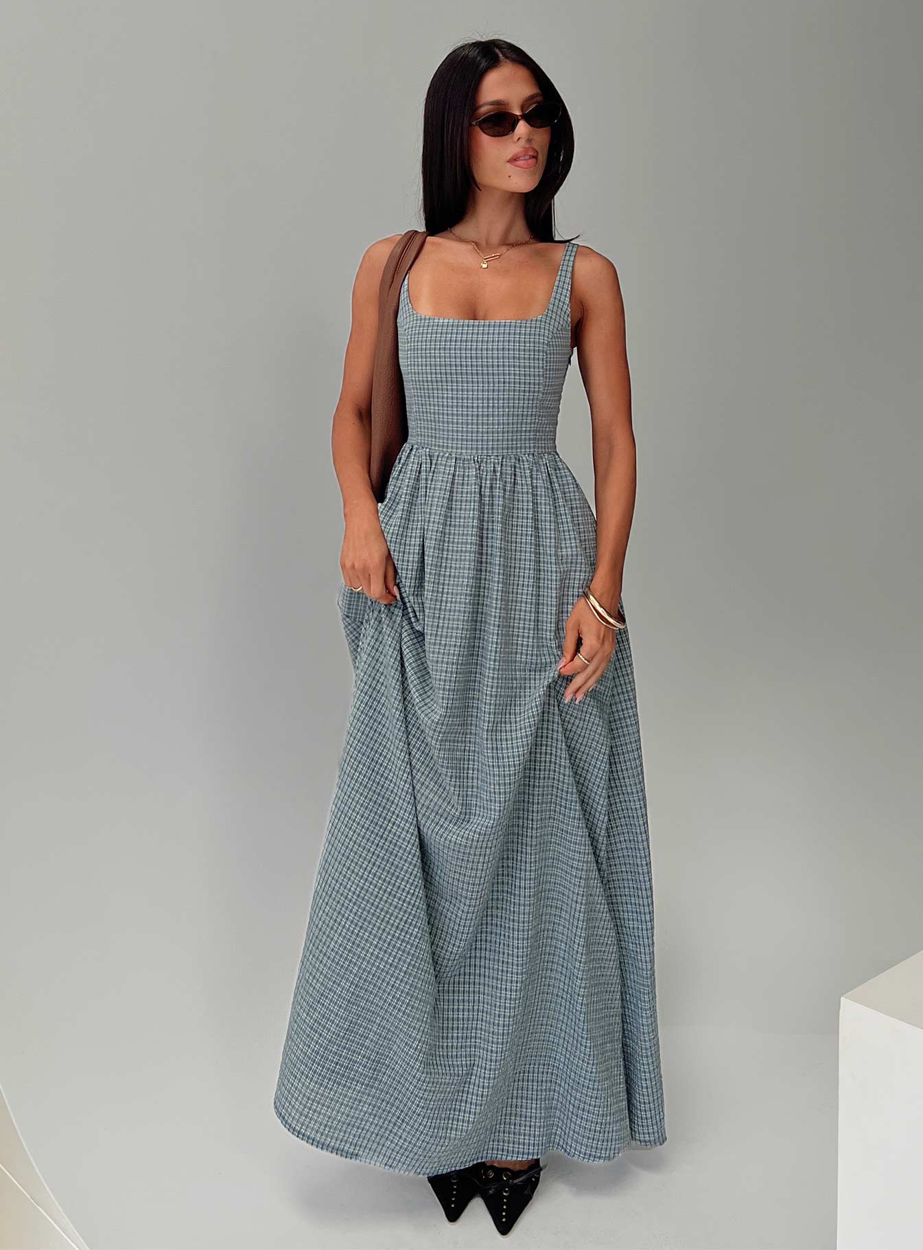 Cartmel Check Maxi Dress Navy | Princess Polly