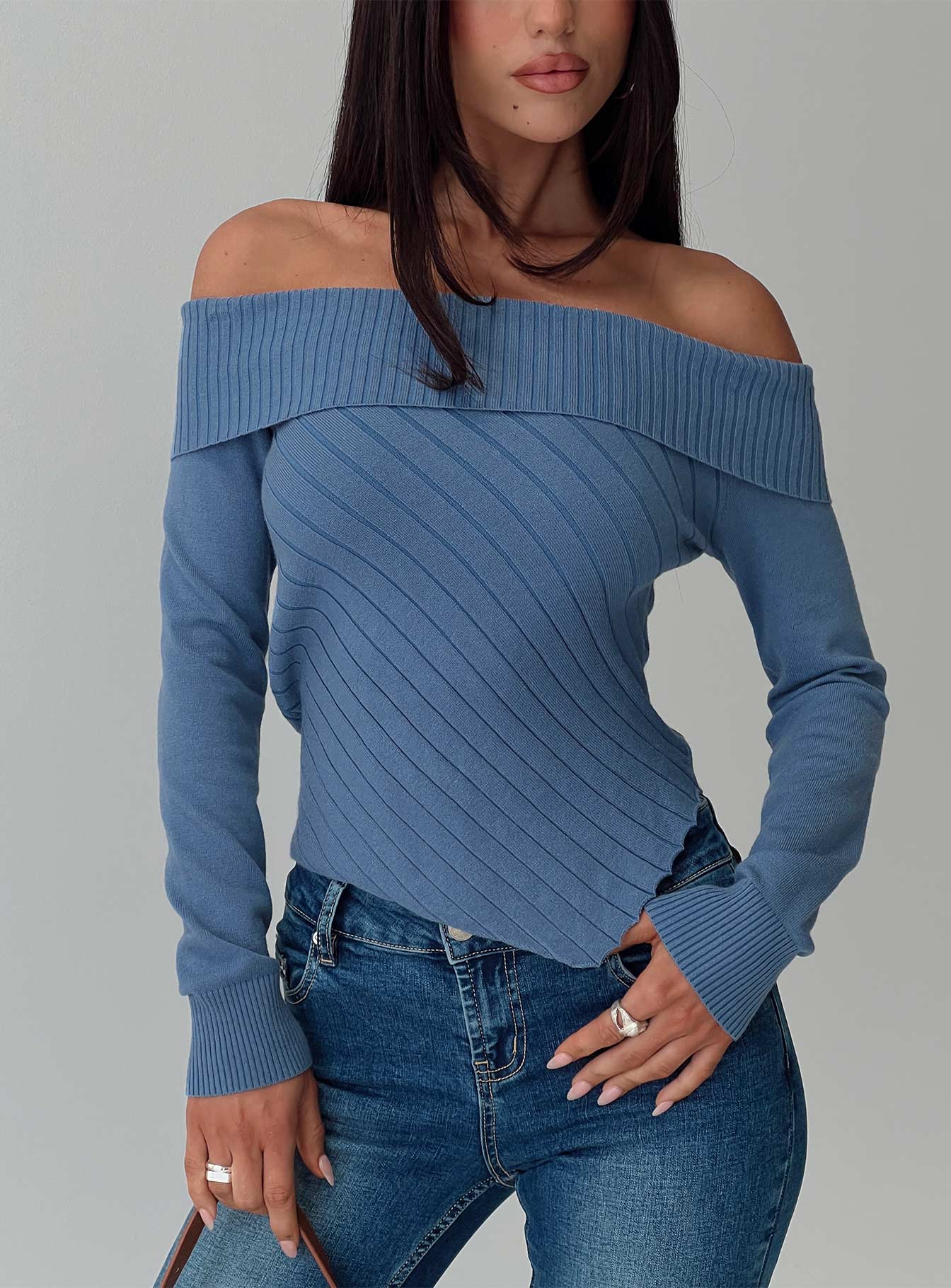 front view of model wearing Princess Polly Brisa Long Sleeve Top Blue Full Sleeves straight 