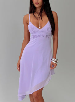 front view of model wearing Princess Polly Secret Gardens Asymmetrical Midi Dress Purple Plunger 