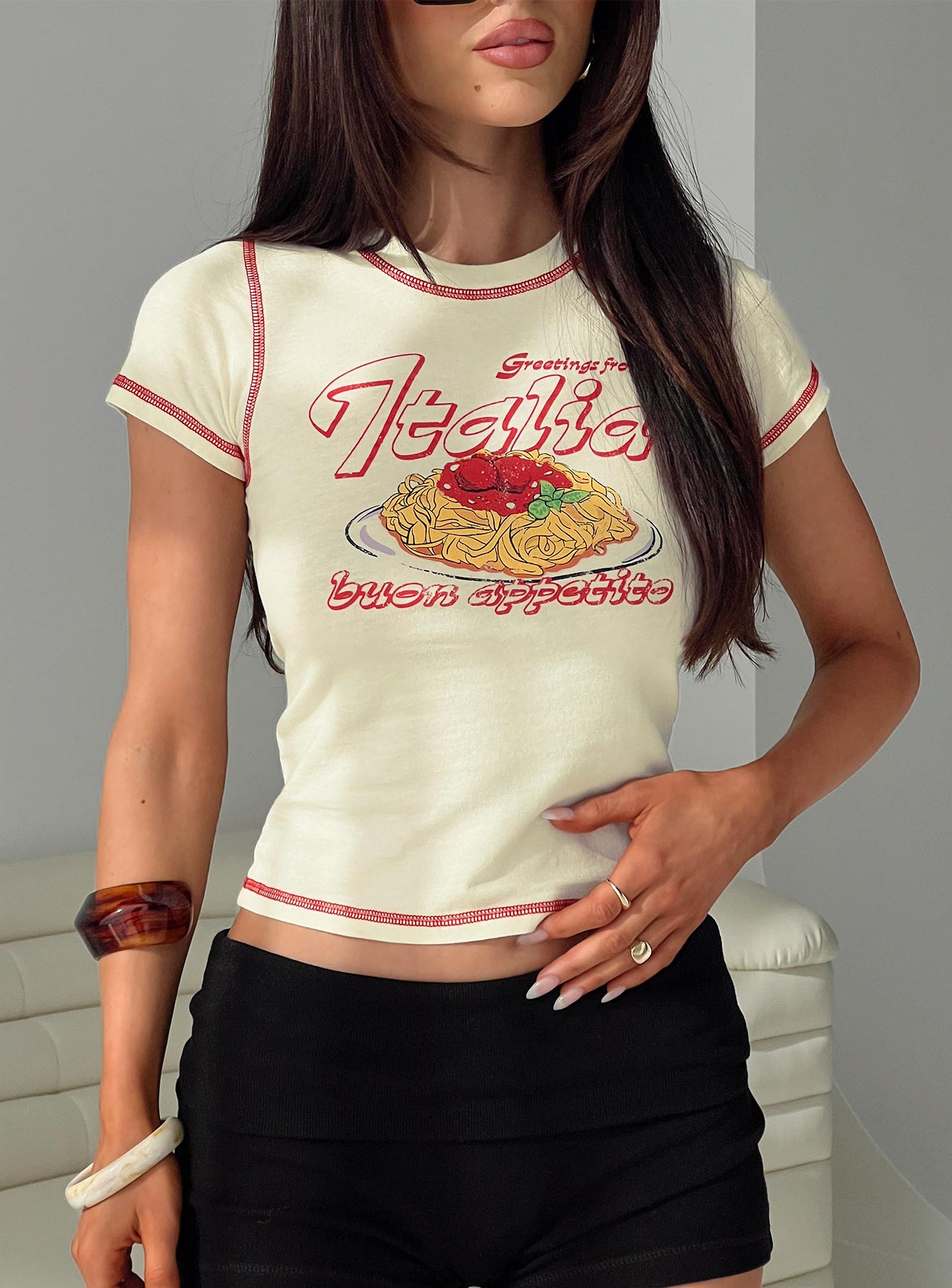 front view of model wearing Princess Polly Buon Appetito Top Cream Short Sleeves Crew Neck 