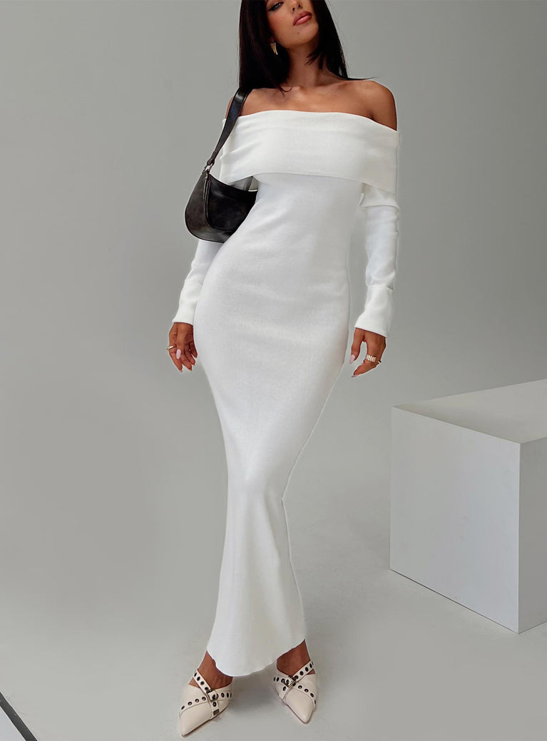 side view of model wearing Princess Polly Celestara Off The Shoulder Maxi Dress White Straight Neck 