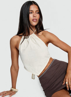 front view of model wearing Princess Polly Just Imagine Tie Back Top Beige Sleeveless Crew Neck 