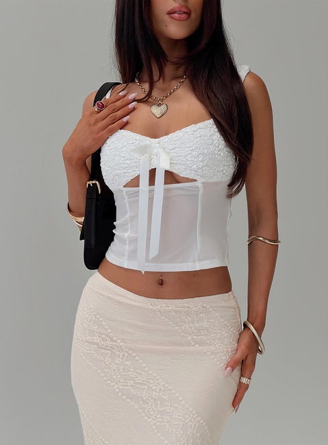 front view of model wearing Princess Polly Sides Of Me Top White Sleeveless Sweetheart 