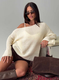 Delyn Off Shoulder Slouchy Knit Sweater Cream