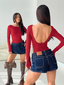 back view of model wearing Princess Polly Beresford Long Sleeve Bodysuit Wine Full Sleeves 