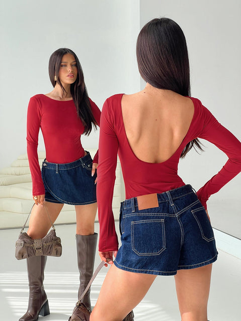 back view of model wearing Princess Polly Beresford Long Sleeve Bodysuit Wine Full Sleeves 