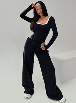 front view of model wearing Princess Polly Ender Contrast Trim Bodysuit Black Long Sleeve Tops 