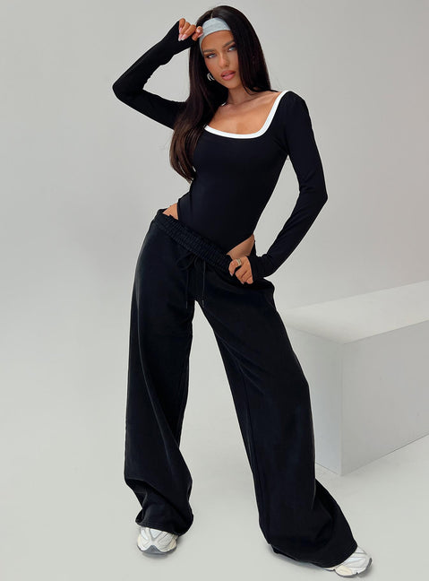 front view of model wearing Princess Polly Ender Contrast Trim Bodysuit Black Long Sleeve Tops 