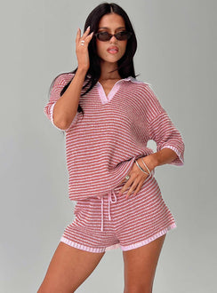 back view of model wearing Princess Polly Pacifique Crochet Shorts Pink Multi High Waisted Shorts 