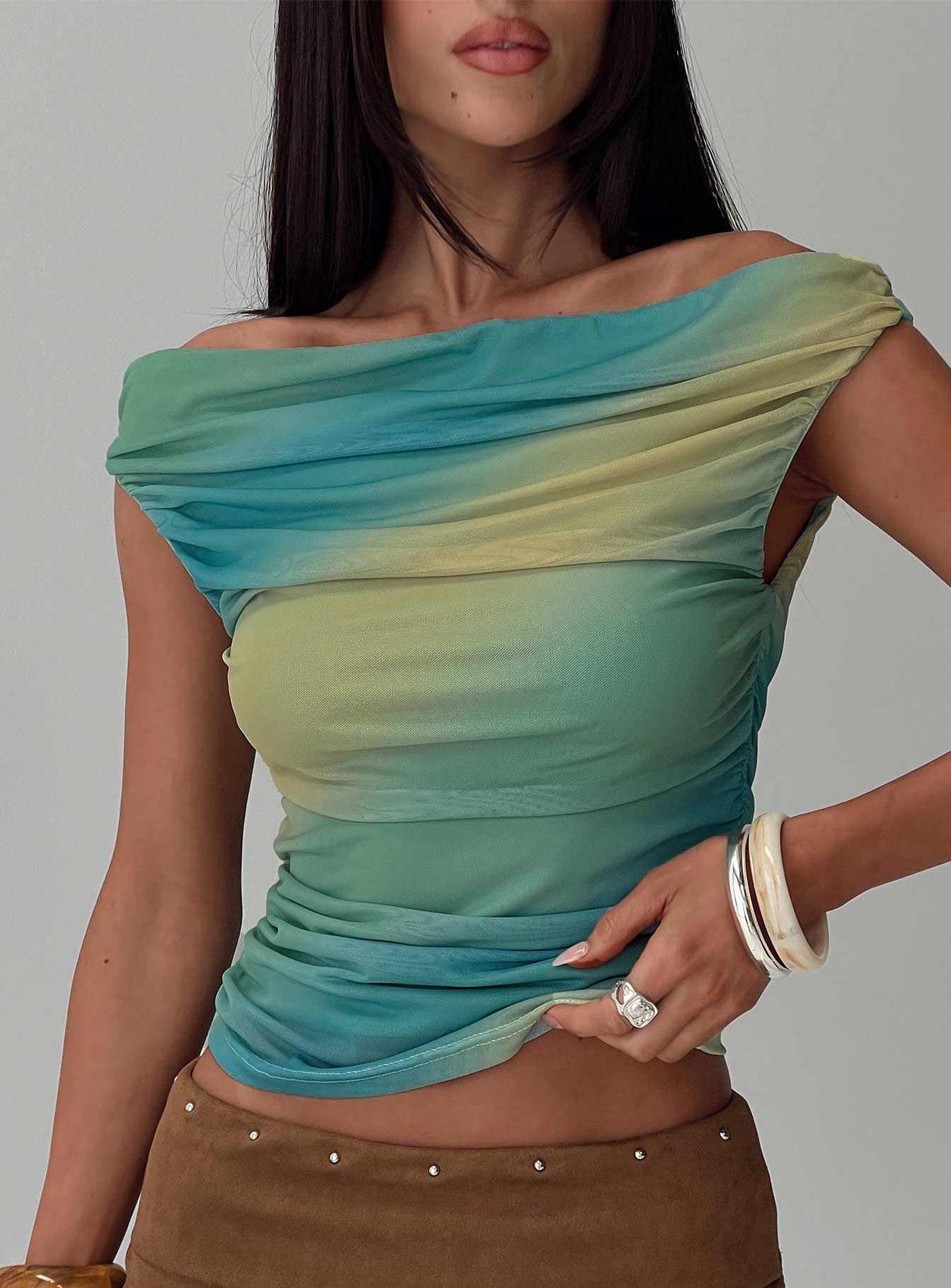 front view of model wearing Princess Polly Best Days Ruched Top Multi Short Sleeves straight 