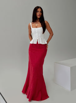   front view of model wearing Princess Polly Raven Mid Rise Maxi Skirt Red Maxi 