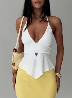 front view of model wearing Princess Polly Averee Halter Top White Sleeveless Plunger 