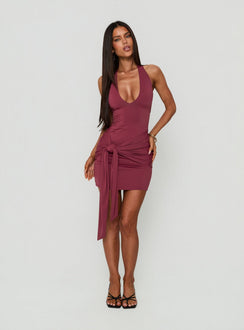 Poppee Halter Tie Detail Mini Dress Burgundy