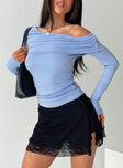 back view of model wearing Princess Polly Woolton Long Sleeve Top Blue Full Sleeves Asymmetric Neckline 