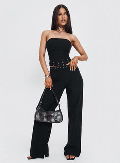 front view of model wearing Princess Polly Passionette Pants Black Petite High Waisted Pants 