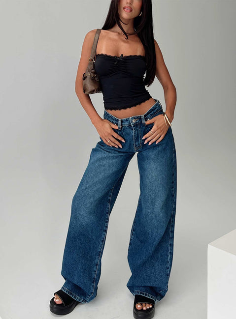 front view of model wearing Princess Polly Duster Oversized Jeans Dark Wash Mid Rise 