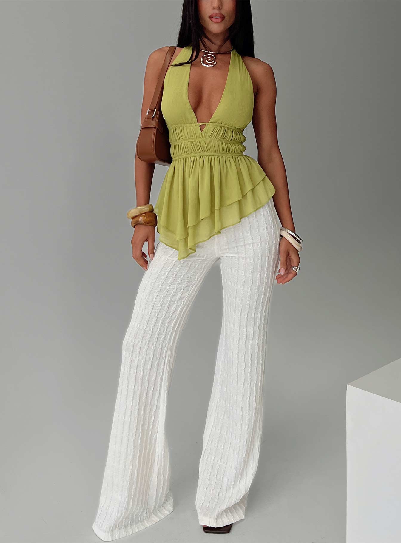 front view of model wearing Princess Polly Leisure State Knit Pant White High Waisted Pants 