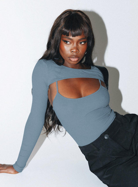 front view of model wearing Princess Polly Calla Long Sleeve Bodysuit Steel Full Sleeves Crew Neck 