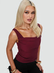 back view of model wearing Princess Polly Lallina Top Burgundy Sleeveless Cowl 